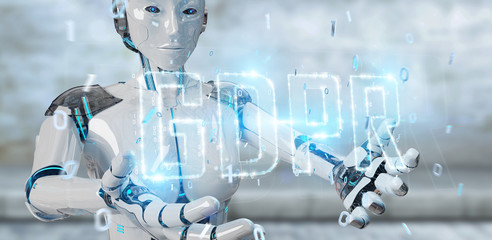 White cyborg woman using digital GDPR interface 3D rendering