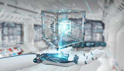 White robot hand creating future technology structure 3D rendering
