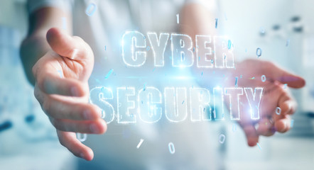 Businessman using cyber security text hologram 3D rendering