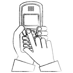 hand holding phone device vintage vector illustration sketch