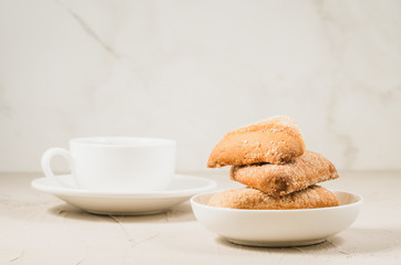 coffee cup and homemade cookies/Breakfast whith coffee cup and homemade cookies, selective focus