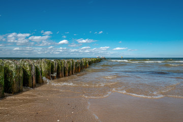 stare drewniane pale chroniące plażę w Międzyzdrojach przed falami, Polska, Bałtyk - obrazy, fototapety, plakaty