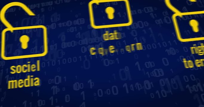 General Data Protection Regulation title, padlocks, paragraph symbol and cyber safety keywords on blue background. 3D rendering concept animation.