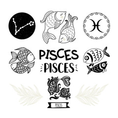 Zodiac icons set. Horoscope collection. Freehand drawing. Pisces
