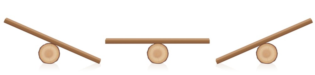 Seesaw balance. Equal and unequal weight. Wooden balance toy. Simple rustic seesaws constructed of a lying tree trunk and a wooden plank - isolated vector illustration on white background.