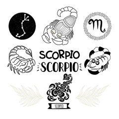 Zodiac icons set. Horoscope collection. Freehand drawing. Scorpio