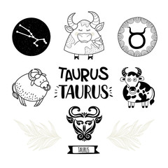 Zodiac icons set. Horoscope collection. Freehand drawing. Taurus