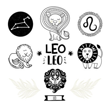 Zodiac icons set. Horoscope collection. Freehand drawing. Leo