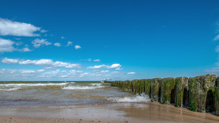 Drewniane pale chroniące plażę przed falami, Międzyzdroje, Polska - obrazy, fototapety, plakaty