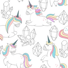 Fototapeta premium Vector seamless pattern with Magic cute unicorns and crystals.