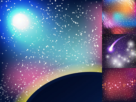 Starry outer galaxy cosmic space illustration universe background sky astronomy nebula cosmos night constellation vector realistic astrology.
