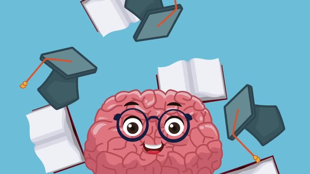 Funny brain cartoon over books falling background High Definition animation colorful scenes
