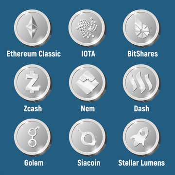 Set of silver cripto currency logo coins