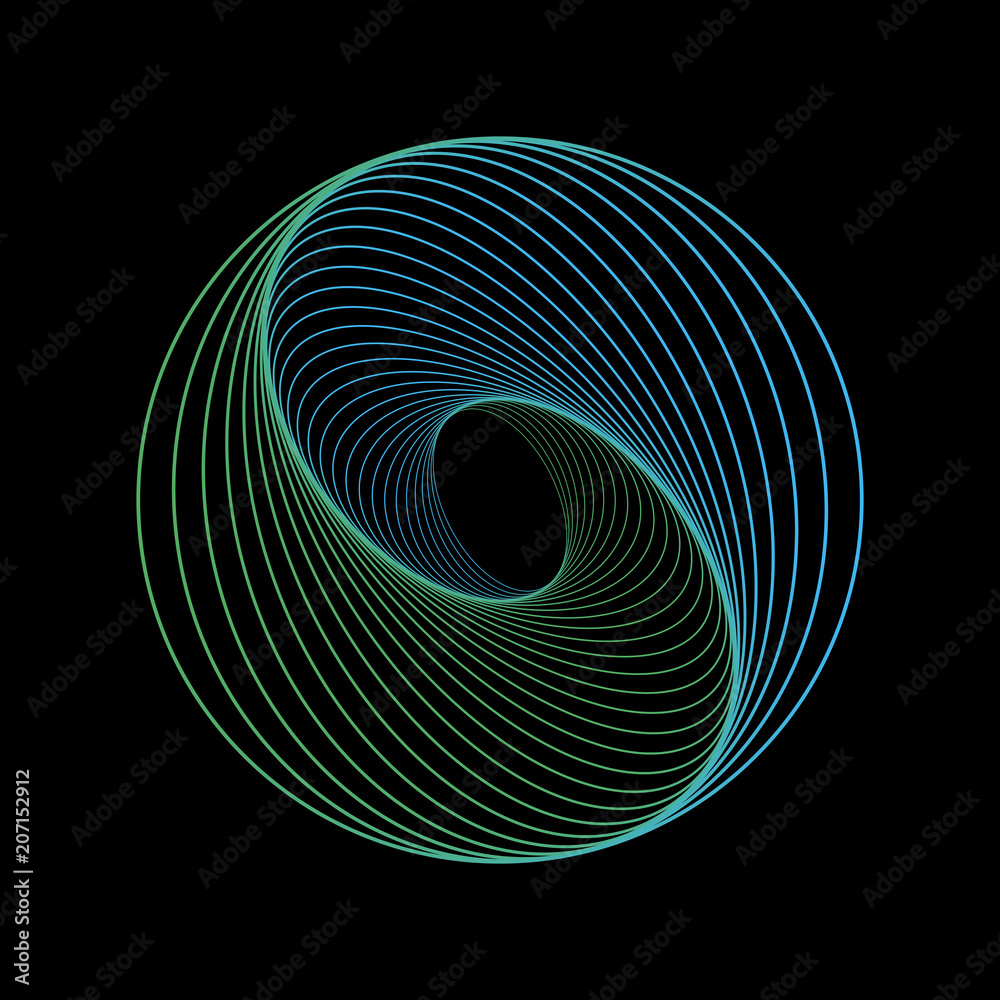 Poster tunnel abstract. twisted colored circle 3d. twisted lines. green logo. sphere 3d