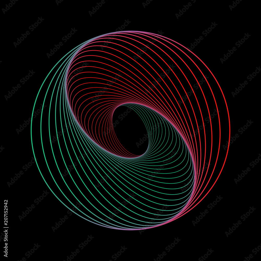 Poster tunnel abstract. twisted colored circle 3d. twisted lines. green logo. sphere 3d