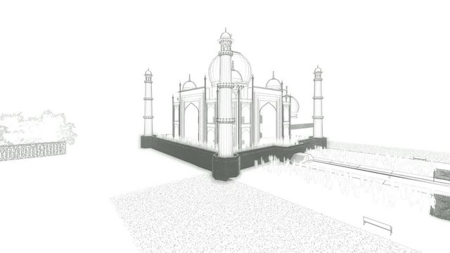 Taj Mahal with tourists, sketch on white, drone flight 4K