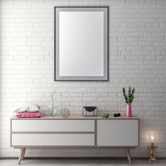 Mock up poster frame in hipster interior background and brick wall, 3D illustration