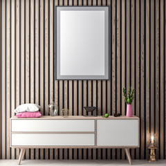 Mock up poster frame in hipster interior background in pink colors and wood wall planks, 3D illustration