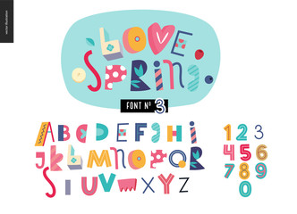 Kids flat alphabet set - Love spring latin font - letters and digits