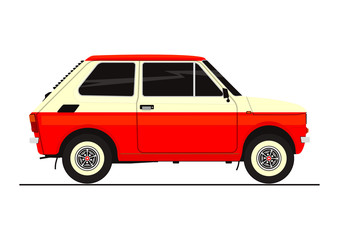Fototapeta na wymiar Sticker of small retro car. Side view. Flat vector.