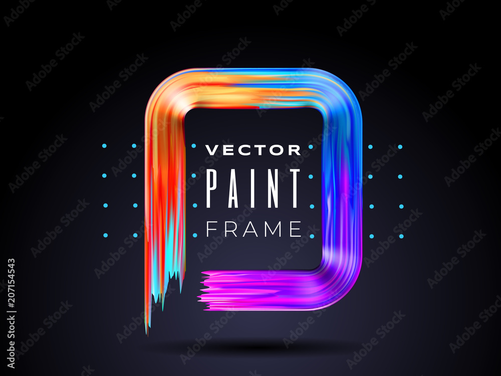 Poster Vector modern colorful flow frame. Fluid acrylic paint or color brushstroke oil design element in the form of rectangular. Colored dynamic wave liquid shape. Realistic 3d illustration.