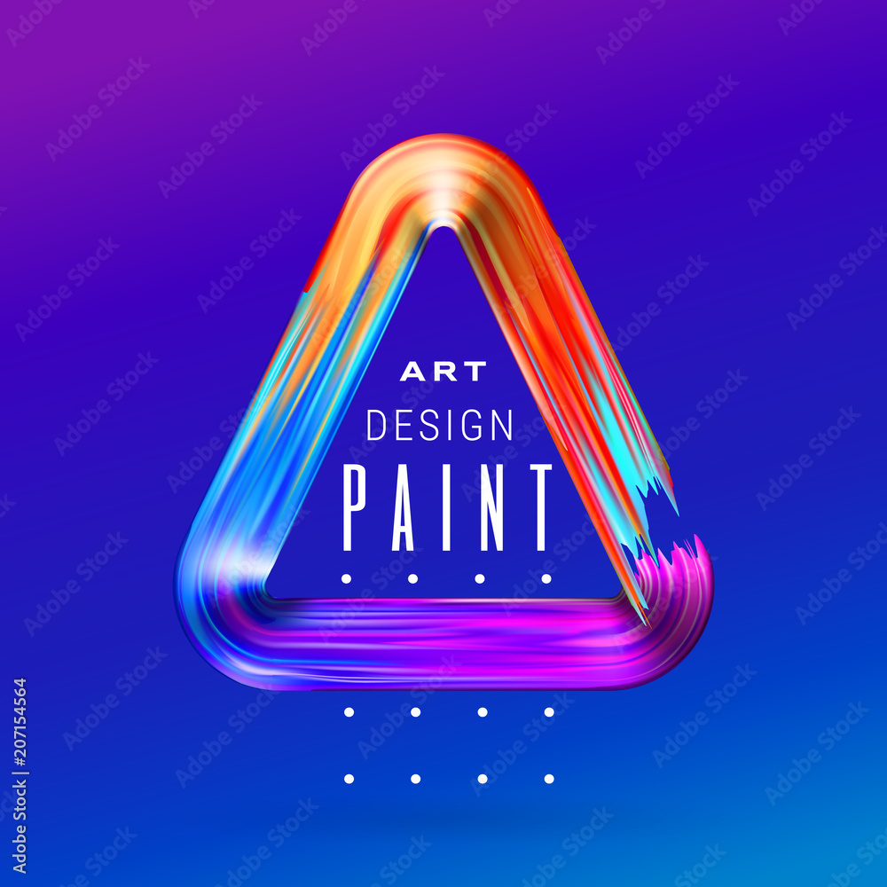 Poster Vector modern colorful flow frame. Fluid acrylic paint or color brushstroke oil design element in the form of triangle. Colored dynamic wave liquid shape. Realistic 3d illustration.