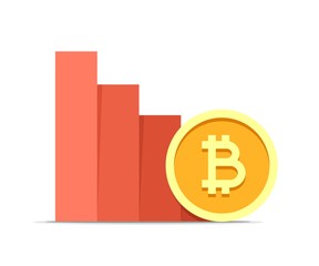 Bitcoin value drop concept illustration isolated on white background. Vector flat cryptocurrency coin