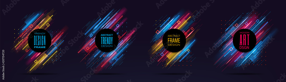 Poster Vector modern frames with dynamic neon glowing lines isolated on black background. Art graphics with glitch effect. Design element for business cards, gift cards, invitations, flyers, brochures.