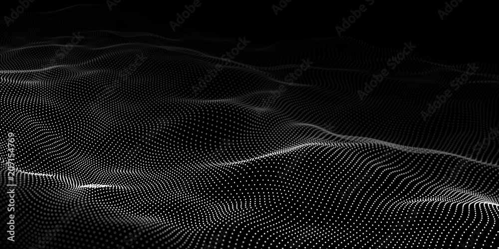 Poster Abstract wave dots in dark background. Technology vector background. Big data.