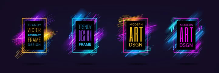 Fotobehang Vector modern frames with dynamic neon glowing lines isolated on black background. Art graphics with laser effect. Design element for business cards, gift cards, invitations, flyers, brochures. © Sensvector