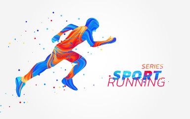 Fototapeta na wymiar Runner with colorful spots isolated on white background. Liquid design with colored paintbrush. Vector illustration of athletics, marathon, run. Sports, competition theme.Concept of active lifestyle.