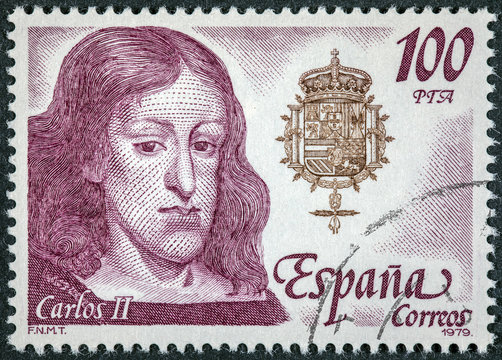 stamp printed by Spain shows image portrait of King Carlos II