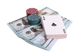 Cards and dollars for casino with on white background