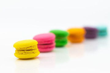 Sweet and colourful macaroons on white background, Dessert.