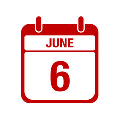 6 june calendar red icon. six