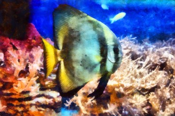 Bright big multicolored fish; watercolor painting, art illustration; 