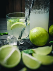 Cooking of lemonade from lime, mint and ice