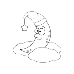 Colorless  funny cartoon moon on the cloud. Vector illustration.
