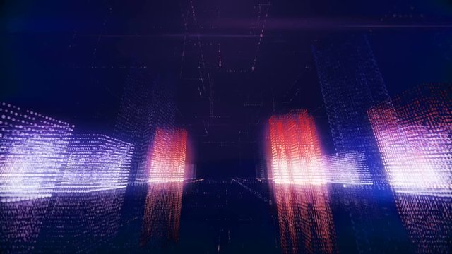 Seamless abstract flight in a virtual digital city in a binary code space, purple color