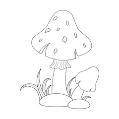 Colorless funny cartoon red mushrooms with grass and stones. Vec