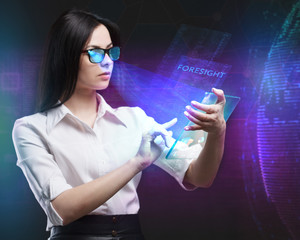 The concept of business, technology, the Internet and the network. A young entrepreneur working on a virtual screen of the future and sees the inscription: Foresight