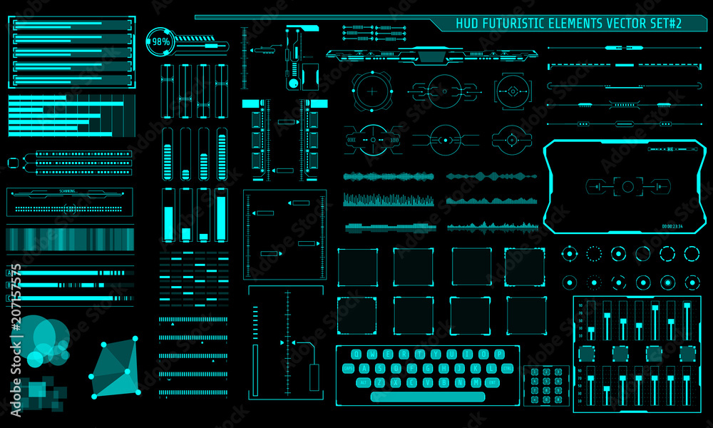 Poster HUD Hologram Futuristic Elements Set Vector. Abstract Virtual Graphic For User Interface Control Panel Illustration.