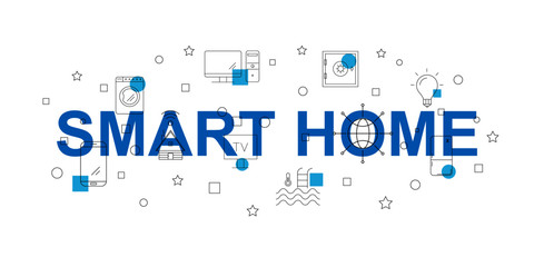 Smart home vector banner. Word with line icon. Vector background