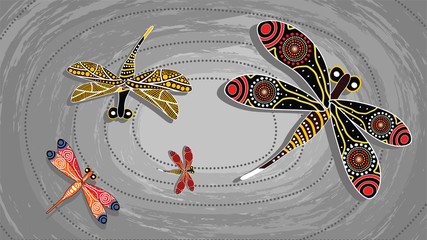 Dragonfly aboriginal art vector painting. Illustration based on aboriginal style of landscape background.