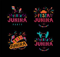 Festa junina party design set. Vector background with fireworks and garland. Vector illustration. For poster, card, web, invitation.
