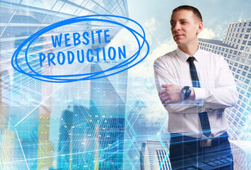 The concept of business, technology, the Internet and the network. Young businessman showing inscription: Website production