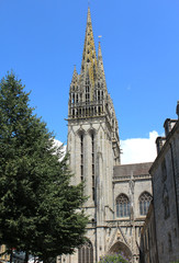 View of the spires of Saint-Corentin, Cathedral, in Quimper in Brittany, France, on a beautiful...