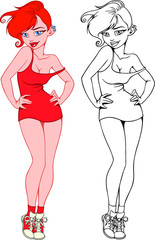 beautiful girls with graceful silhouette and in red dress