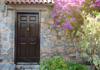 Brown wooden door in a stone wall under blooming bougainvillea