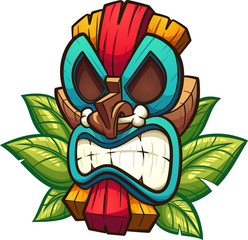 Cartoon colorful tiki mask with leaves. Vector clip art illustration with simple gradients. All in a single layer.  - obrazy, fototapety, plakaty